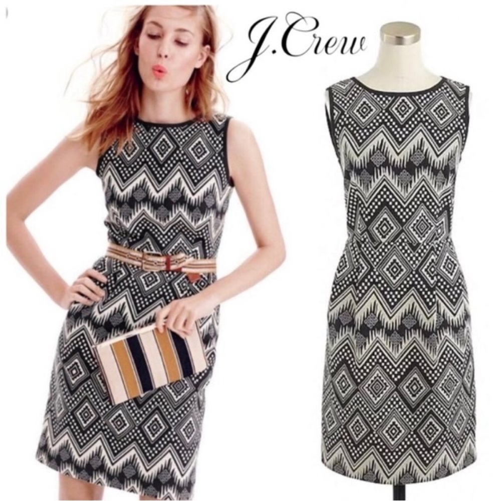 J.Crew Diamond Ikat Dress Black Cream Sleeveless Fit & Flare Pockets Size 0